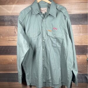 Woolrich Mens L Green Button Up Shirt Long Sleeve 100% Cotton CN Rail Logo